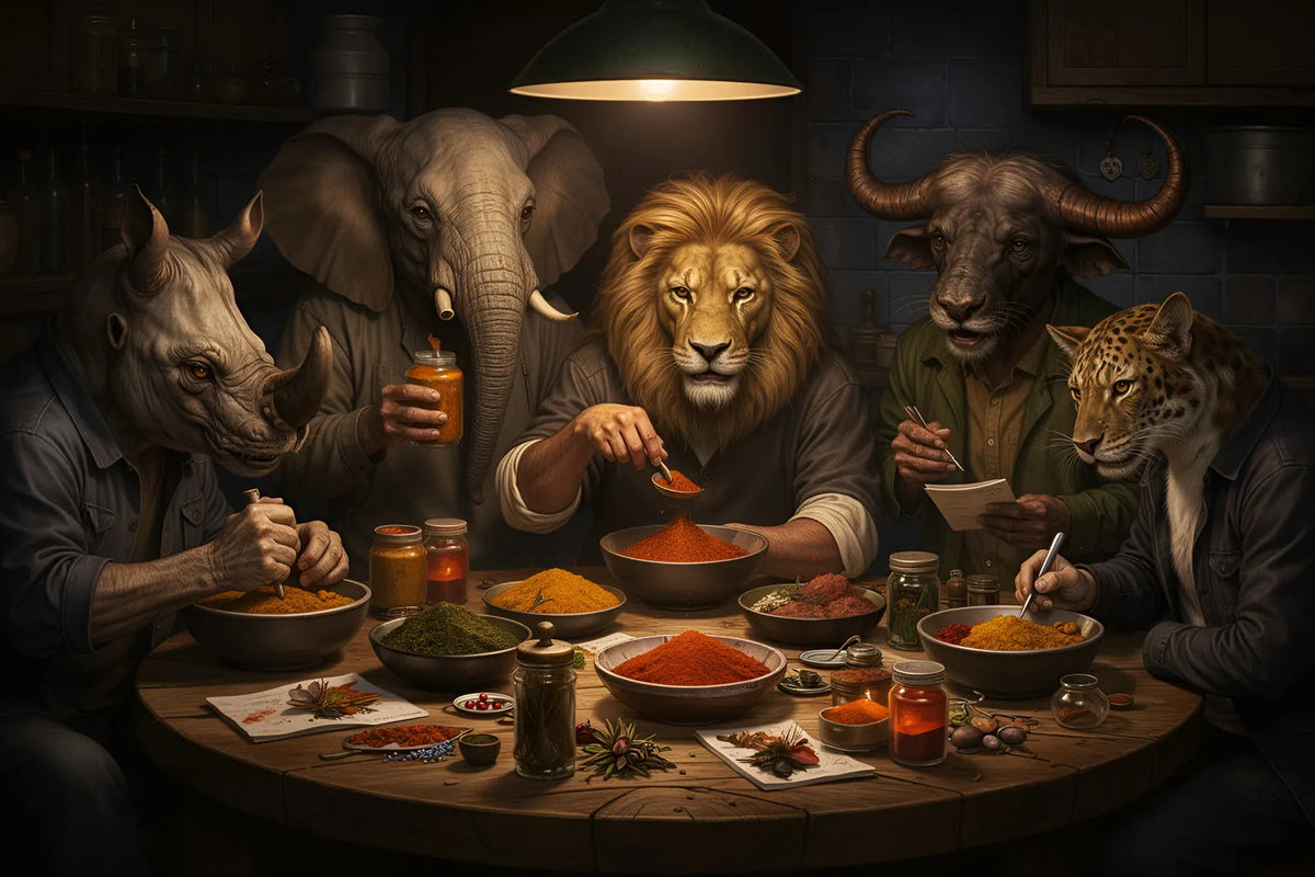 The Big Five animals creating Ember Republic spices around a table