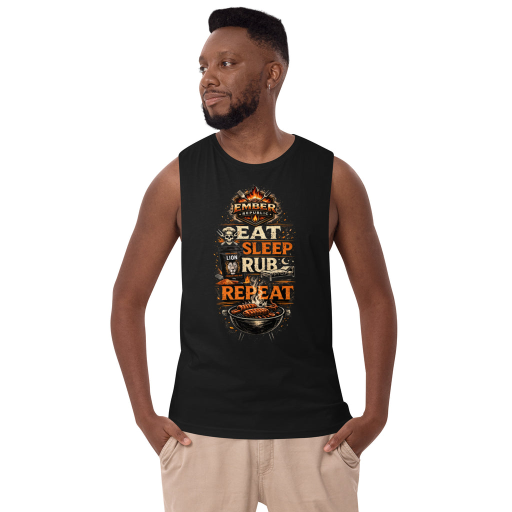 Ember Republic Eat Sleep Rub Repeat Tank Top in black, front view