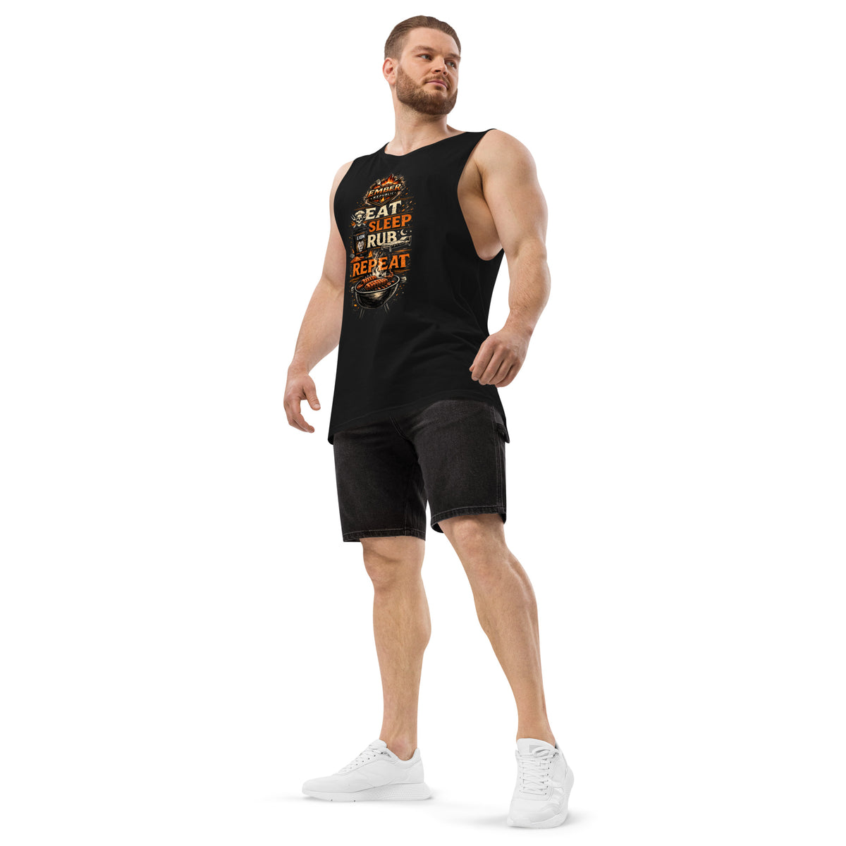 Ember Republic Eat Sleep Rub Repeat Tank Top in black, left front view