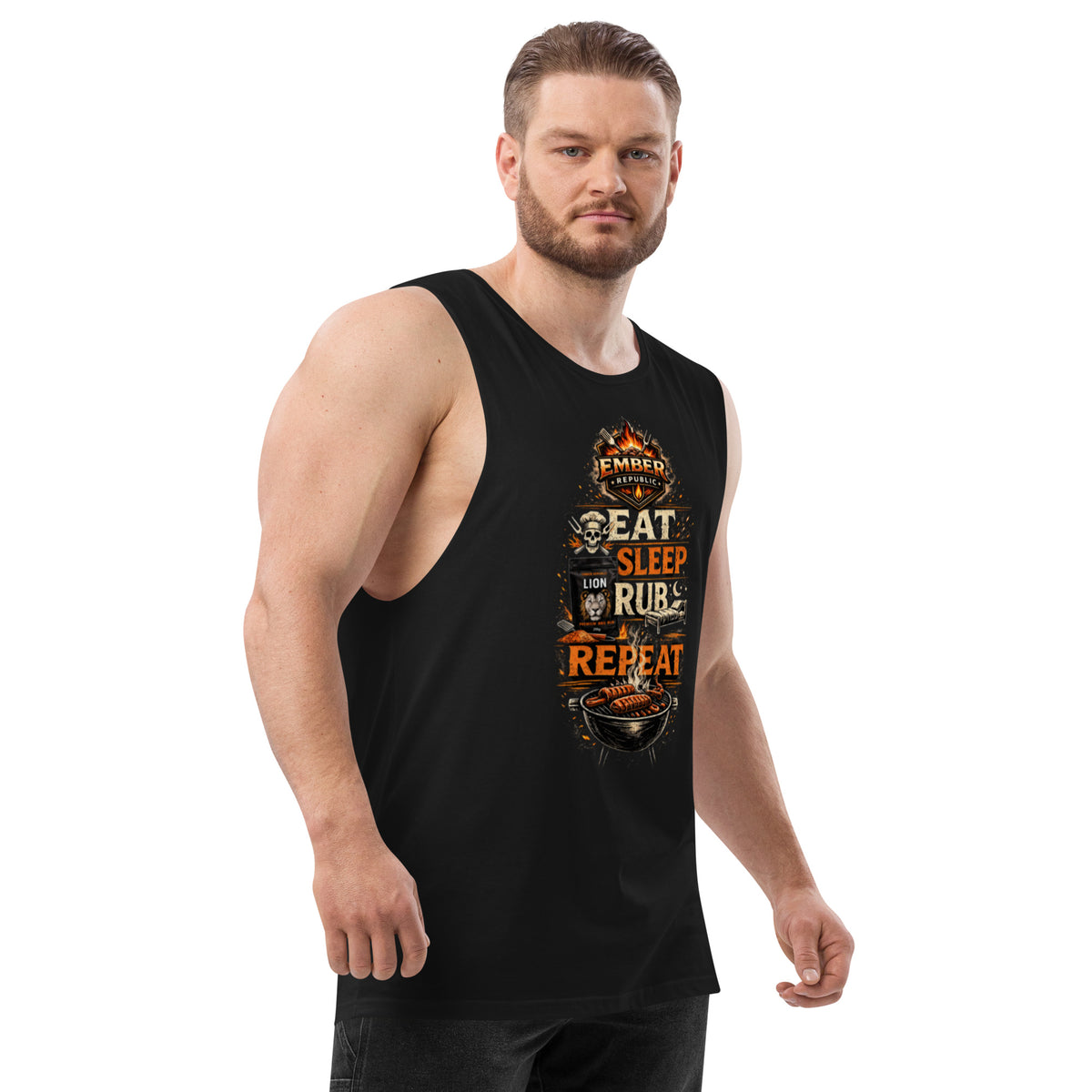 Ember Republic Eat Sleep Rub Repeat Tank Top in black, right front view