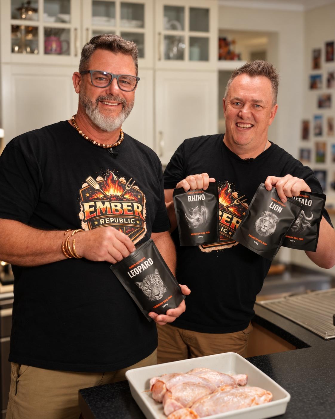 Ember Republic founders JP and Rob in the kitchen with the Big Five barbecue rubs