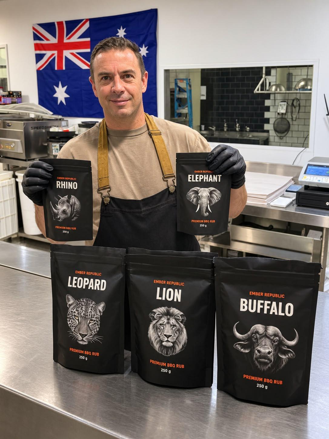 Zane at The Good Food Butchery and Kitchen with the Ember Republic Big Five barbecue rub range